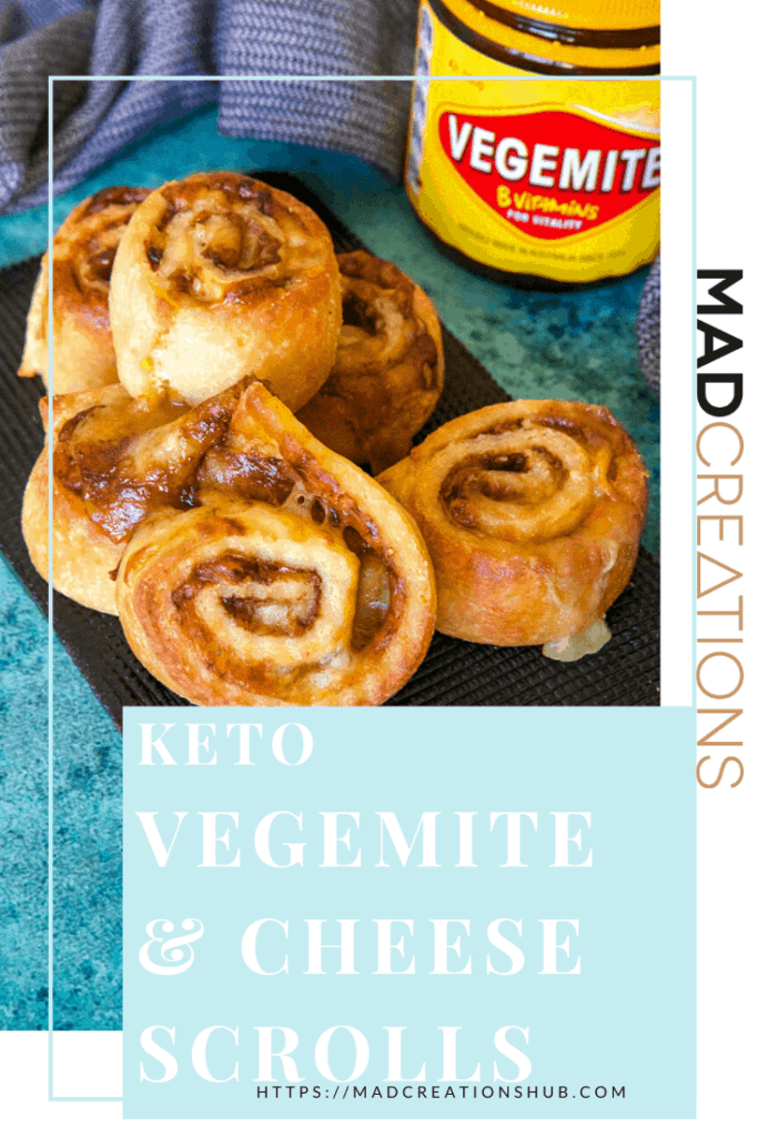 Keto Vegemite and Cheese Scrolls with a jar of vegemite