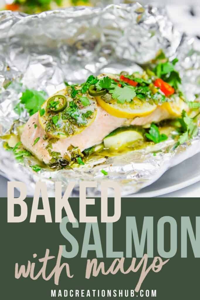 Baked Salmon with Mayo just out of the oven and on a Pinterest banner.