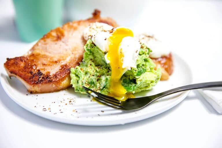Bacon Chops Guacamole and Poached Eggs