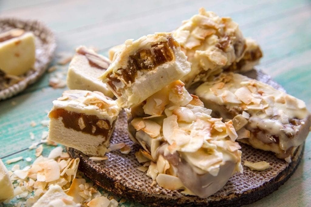 white chocolate bars piled on a plate