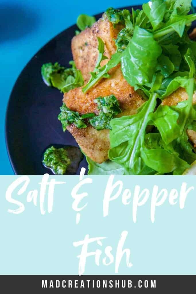 Salt and Pepper Fish on a black plate on a Pinterest banner.