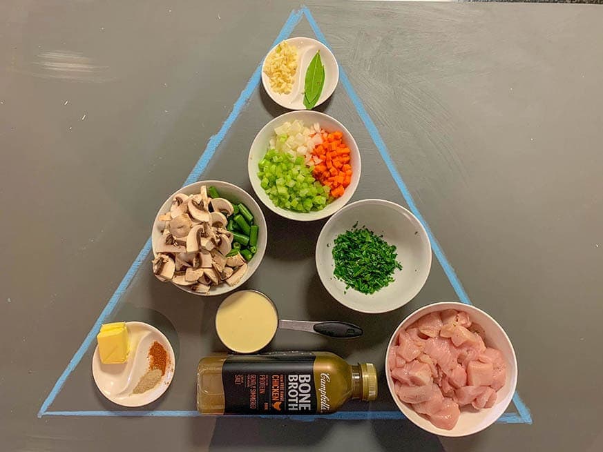 Mad Creations Keto Chicken Pot Pie Soup Ingredients laid out