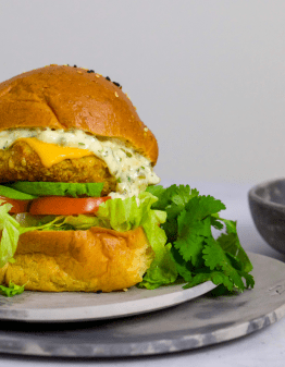 Mad Creations Keto Fish Burger on a grey plate