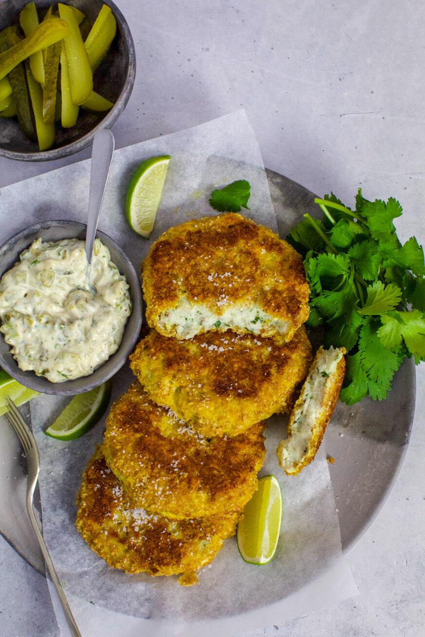 Mad Creations Keto Fish Cakes with tartare sauce on a plate