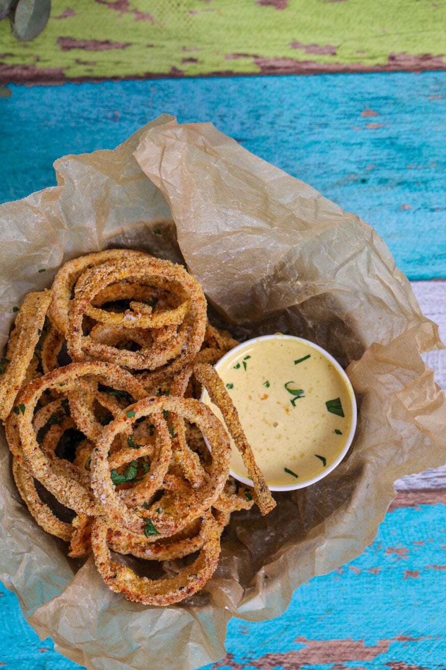 Keto Onion Rings in a basket with big mac sauce.