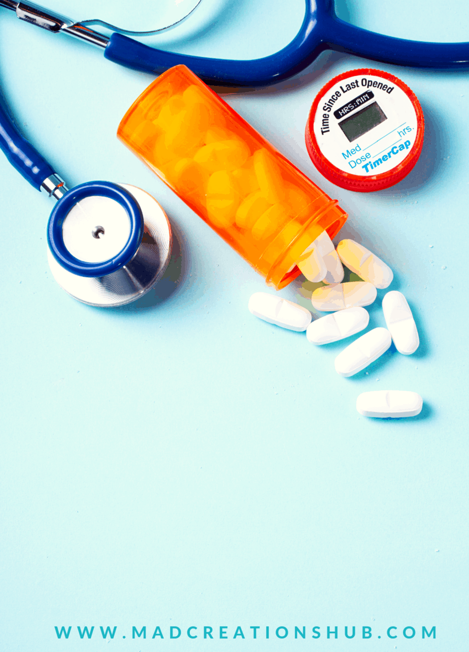 diabetic medication and stethoscope on blue background