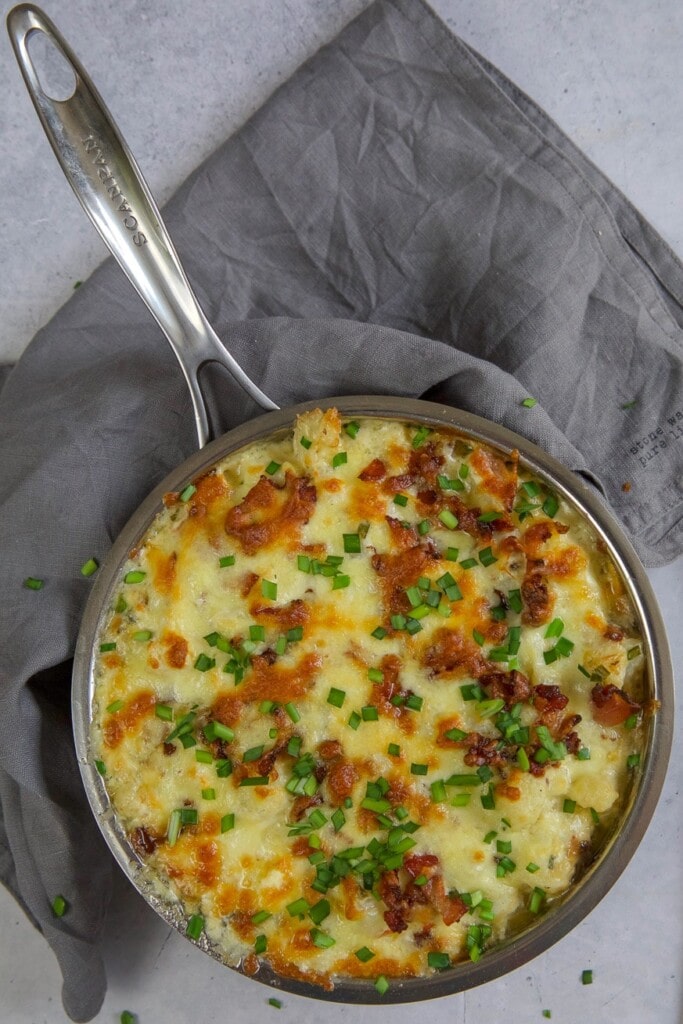 cauliflower mac and cheese in small frying pan
