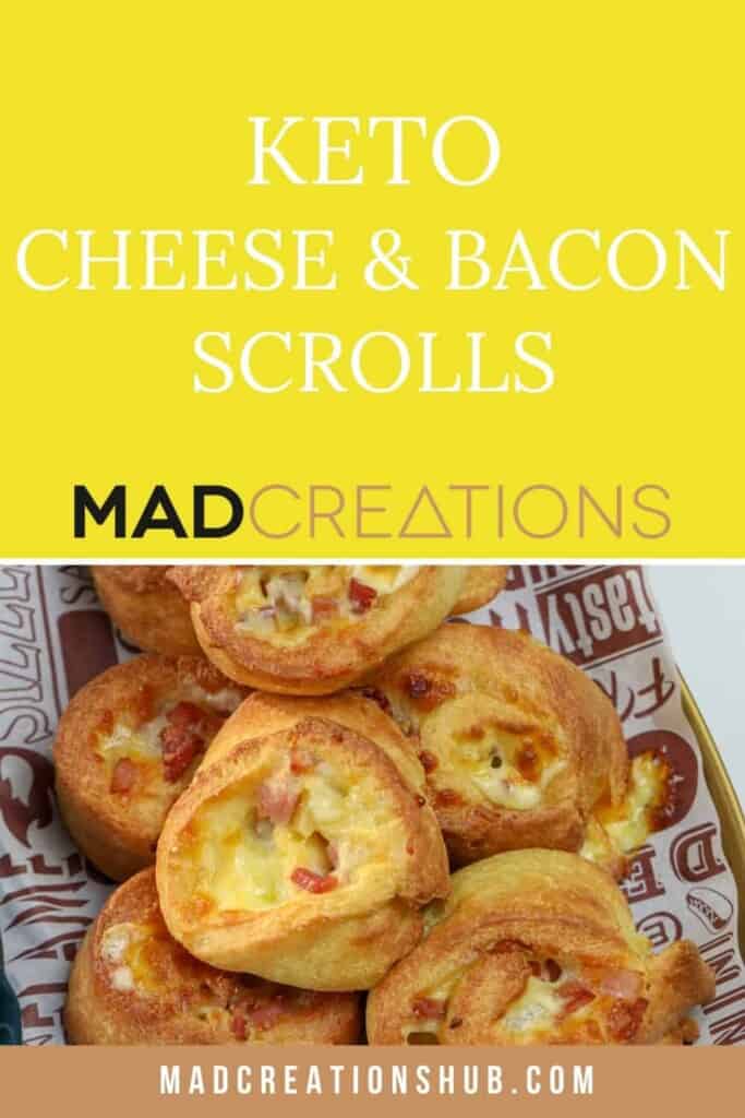 cheese and bacon scrolls on a pinterest banner