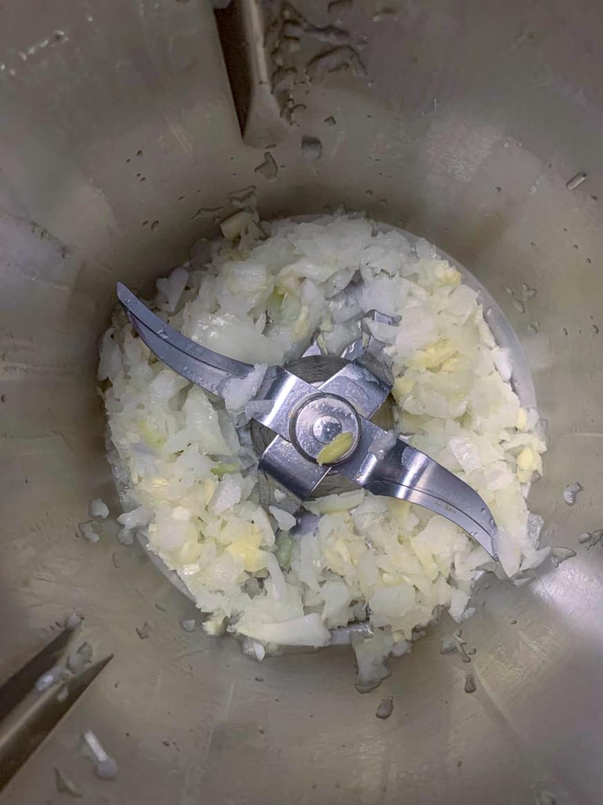 chopped onions in a thermomix bowl