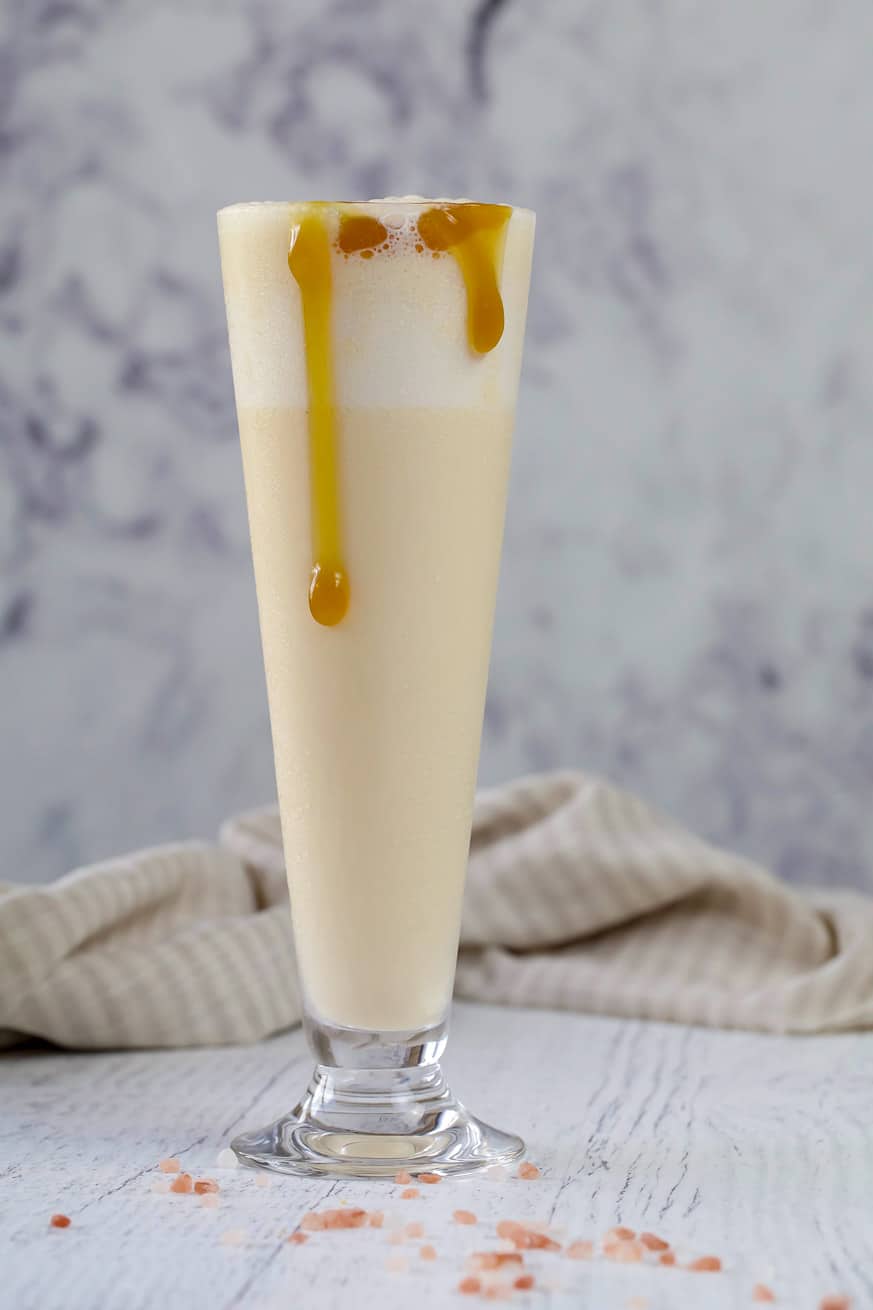 Salted caramel shake in a tall glass