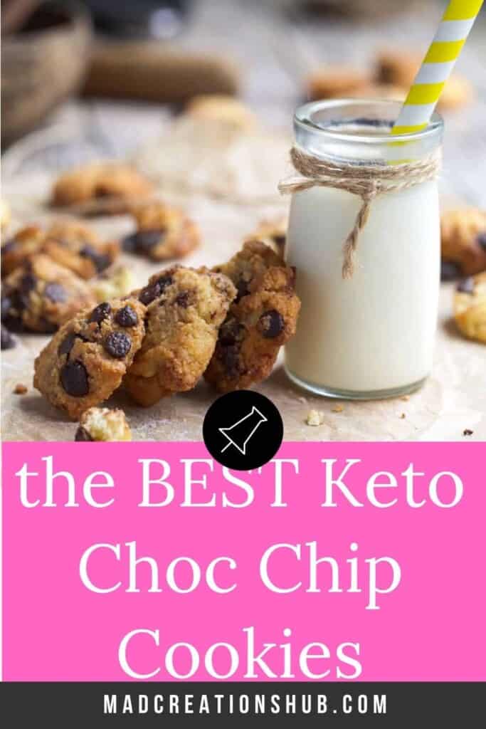 glass of milk and keto choc chip cookies