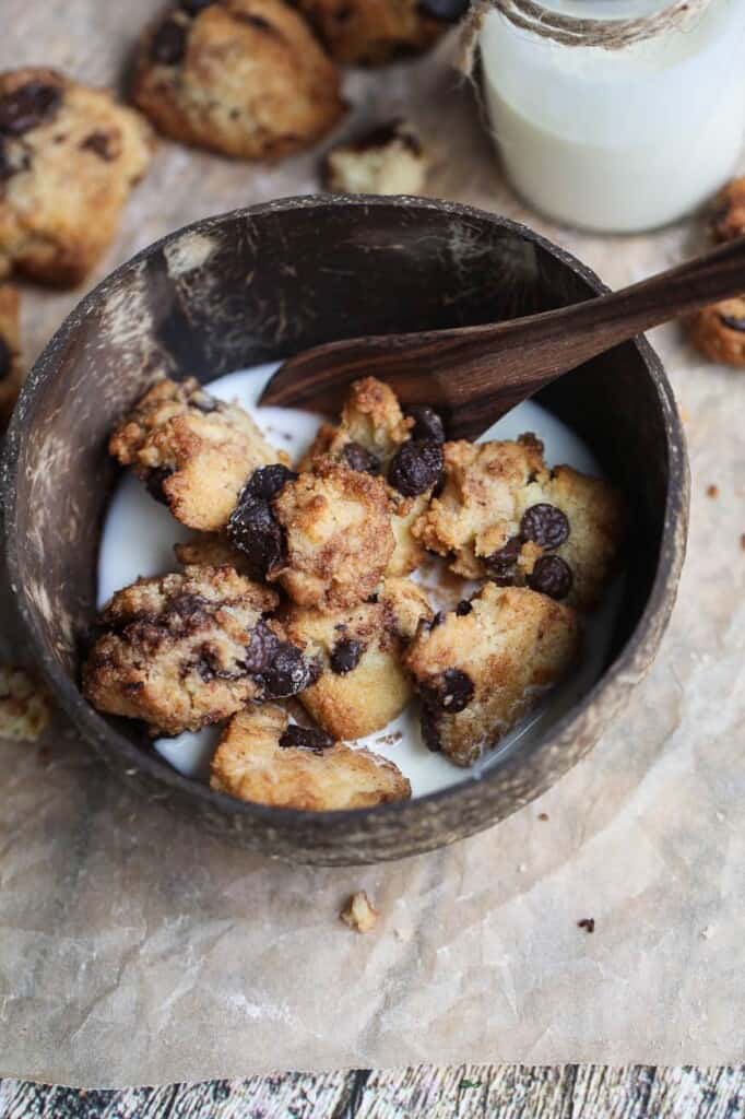 cookies and milk in a coconut bowl