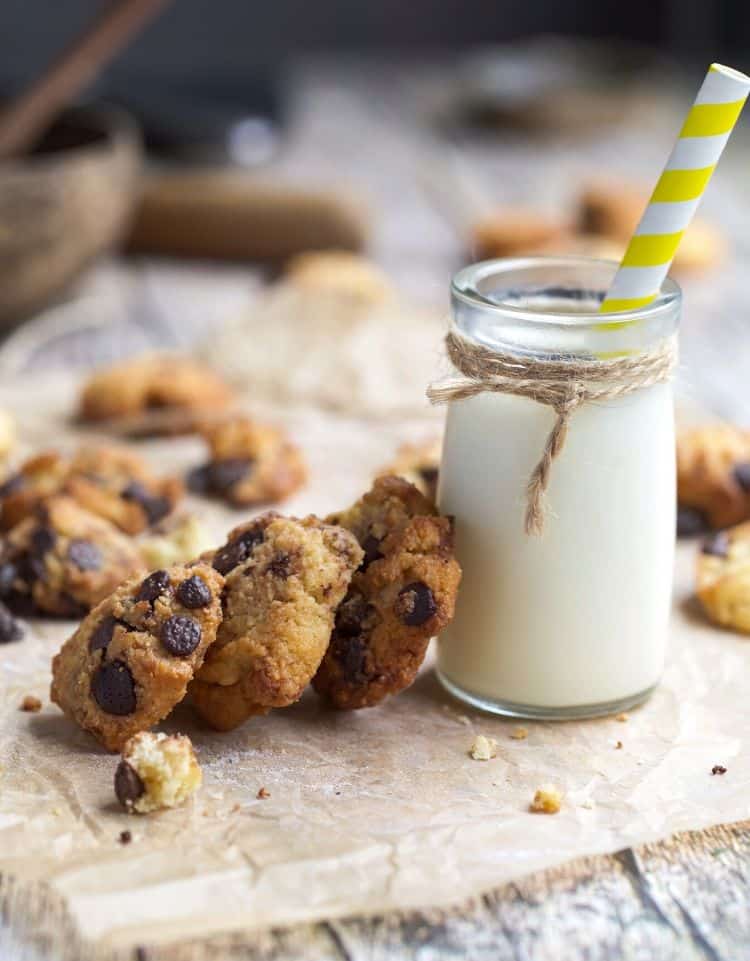 glass of milk and choc chip cookies
