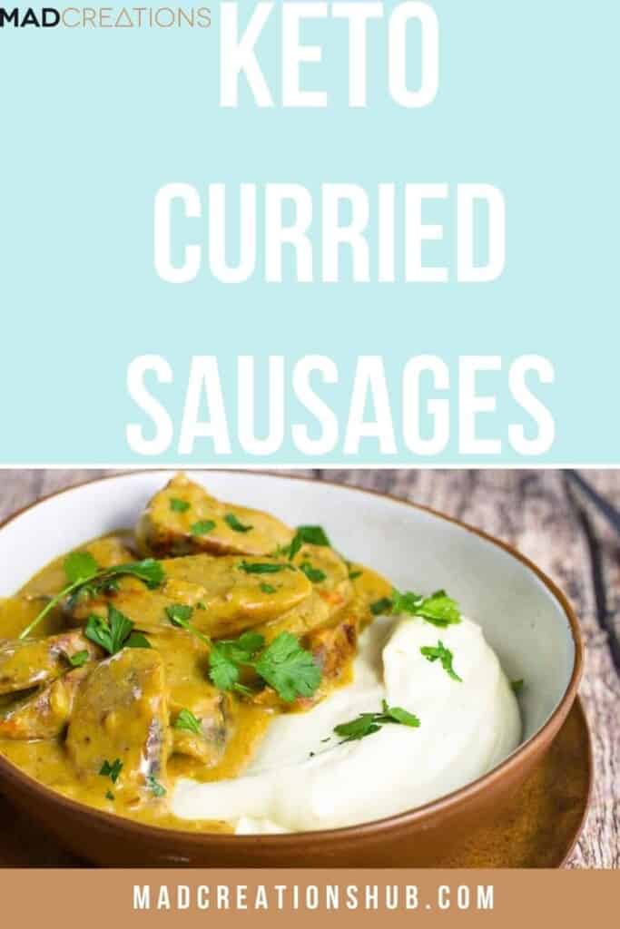 curried sausages with mash in a brown bowl