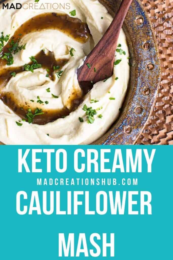 cauliflower mash and gravy in a bowl with spoon