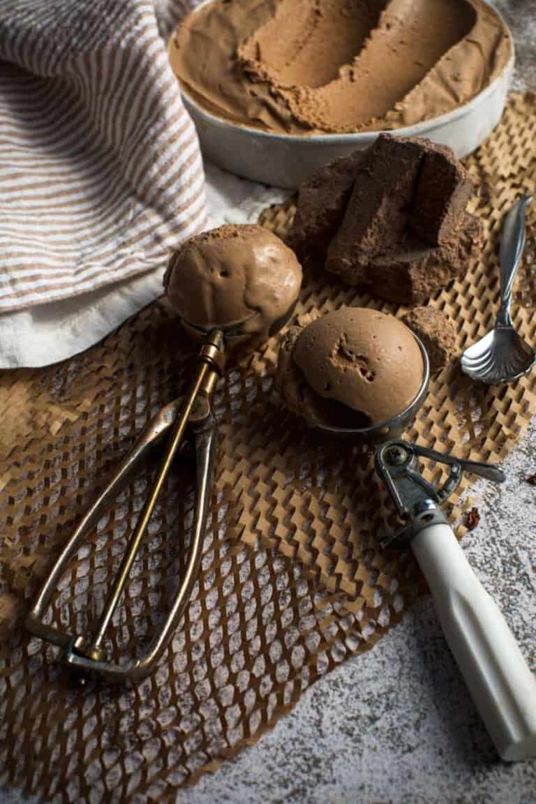 close up of chocolate ice cream scoops