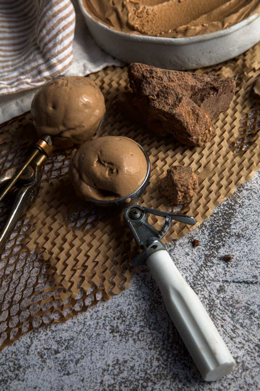 close up of a scoop of chocolate ice cream