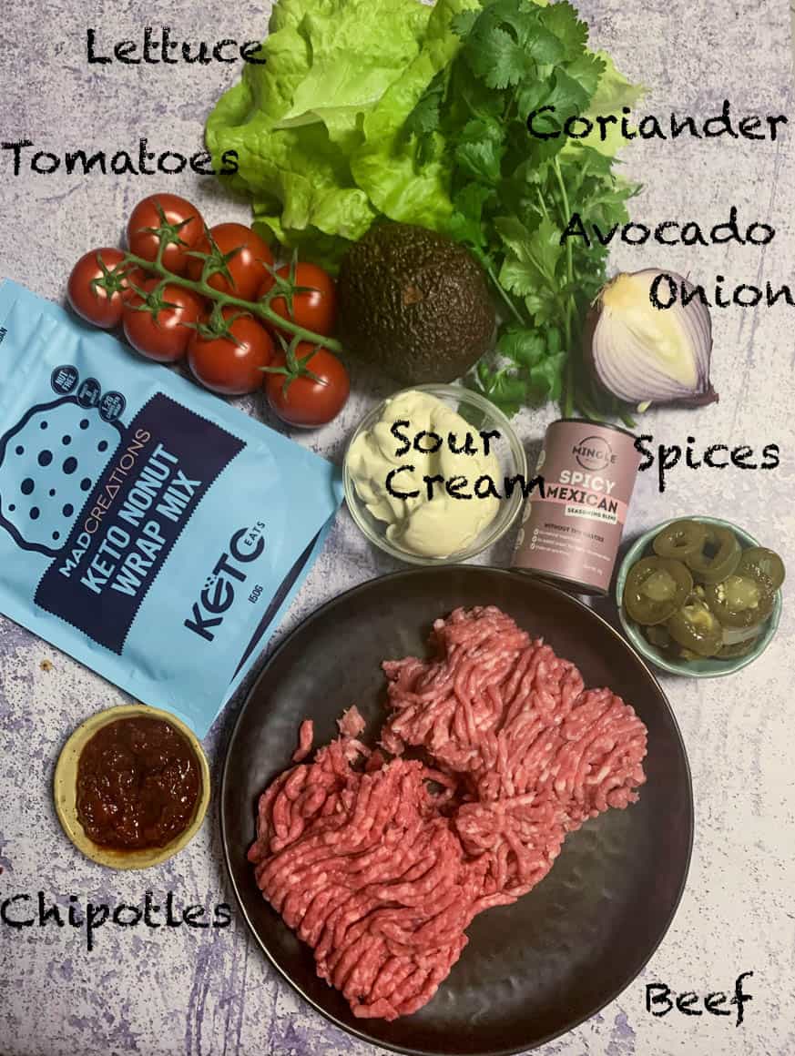 Keto Taco Recipe Ingredients on a grey backdrop