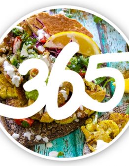 365 numbers written on a colourful collage of food images.