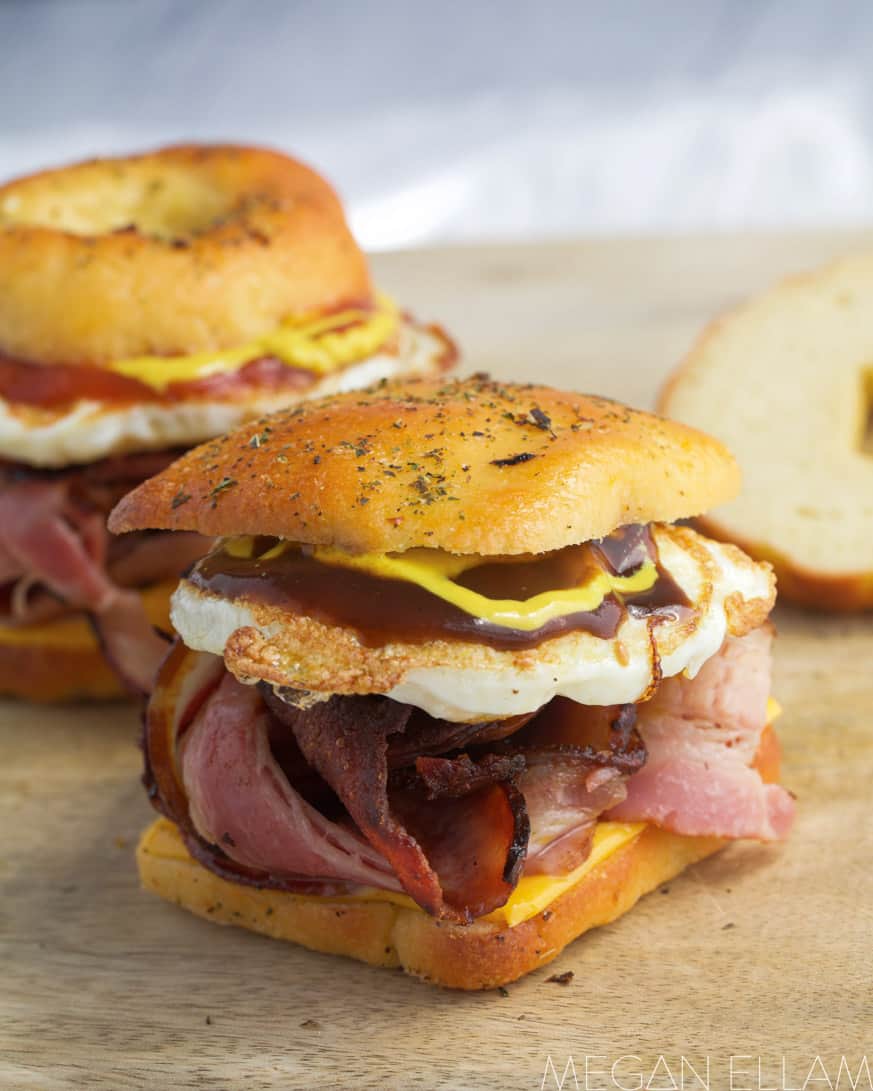a roll filled with bacon and egg
