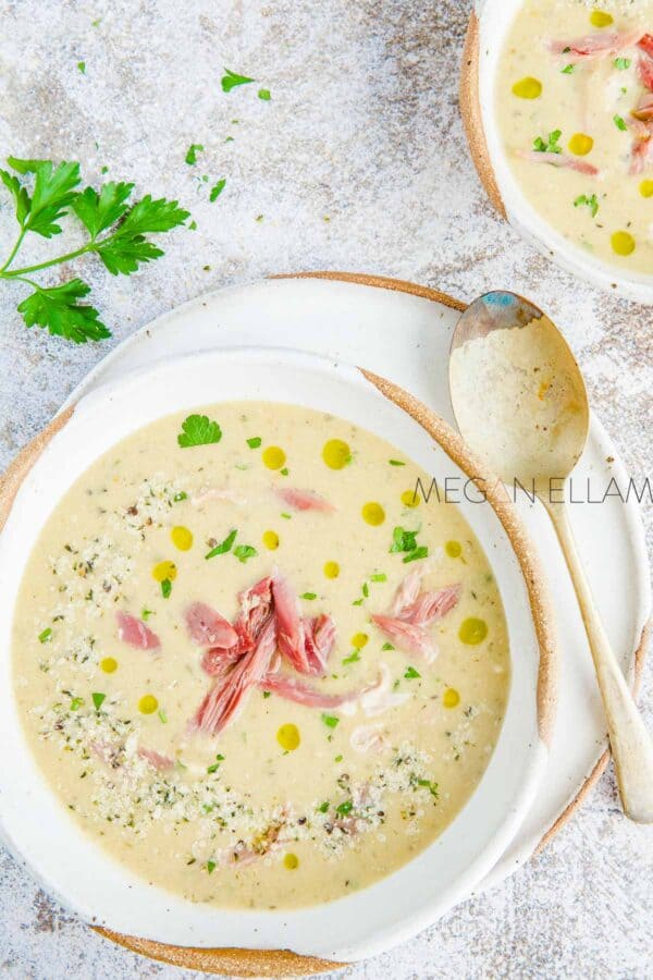 Bowl of keto pea and ham soup.