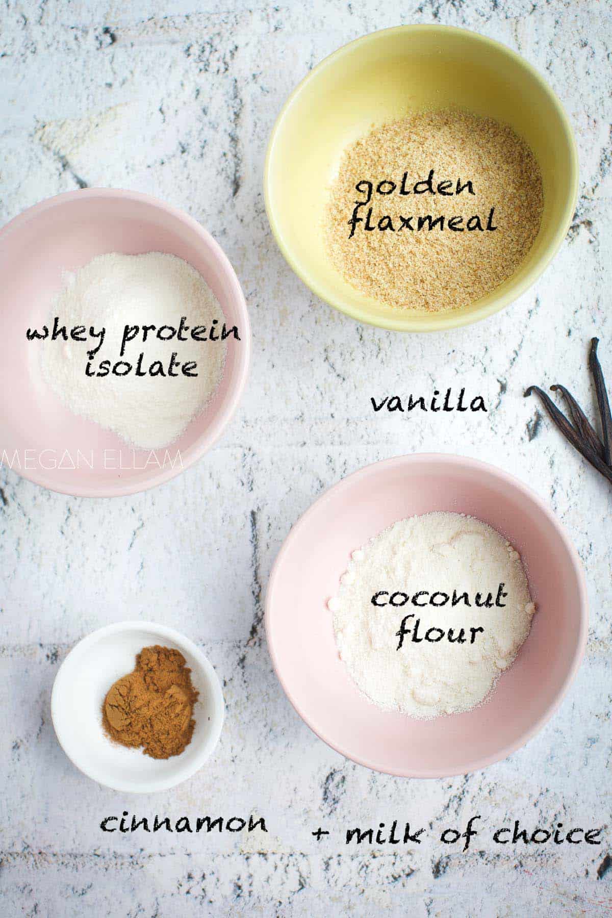 Keto porridge ingredients in small bowls.