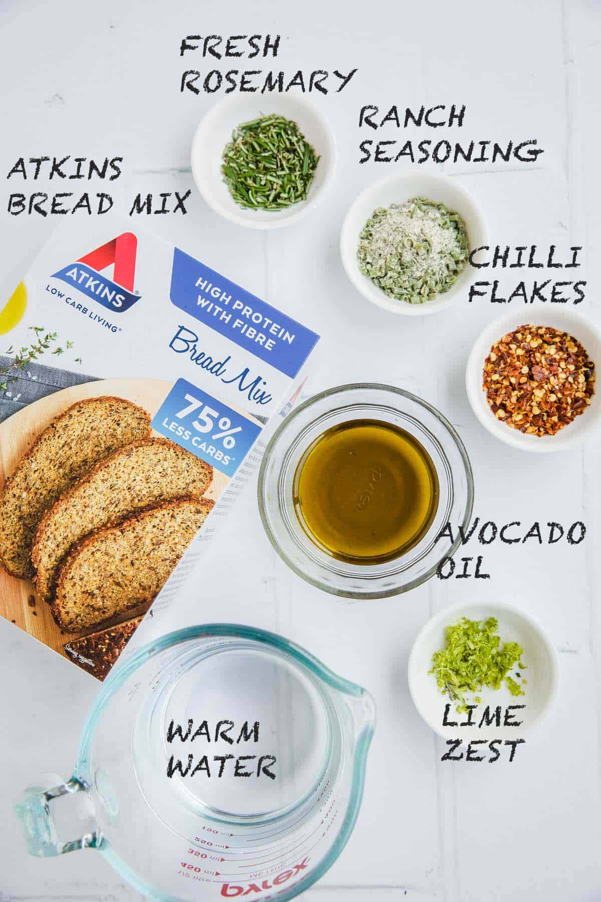 Low Carb flatbread ingredients in small bowls.