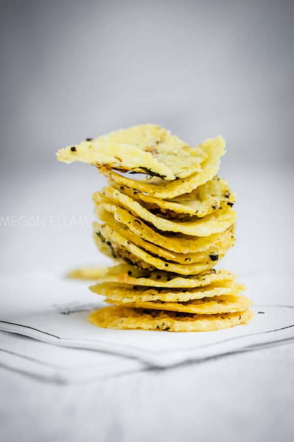 A stack of cheese crisps.