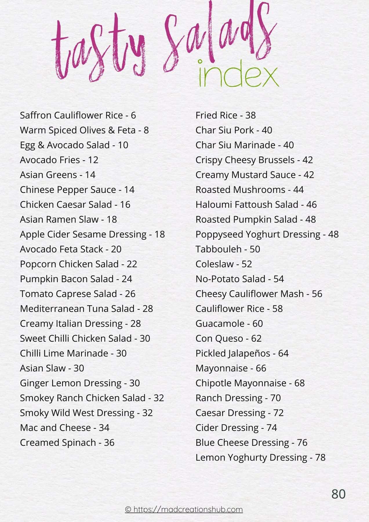 Tasty Salads eBook written index