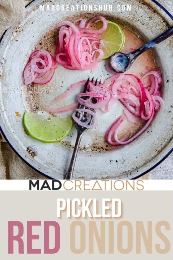 Red Pickled Onions on a aged white plate for Pinterest banner.