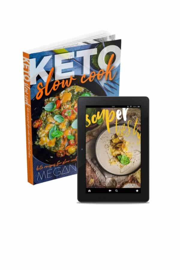 The cover of slow cook keto and souper tasty ebook on a white background.
