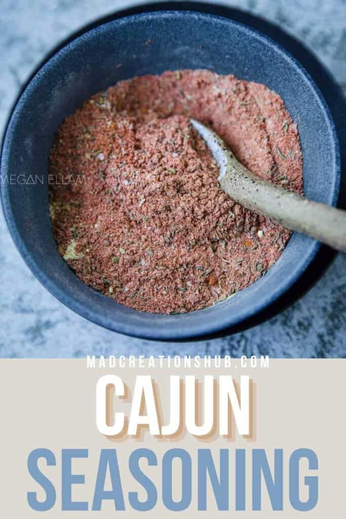 Cajun Seasoning Substitute in a blue bowl on a Pinterest banner.