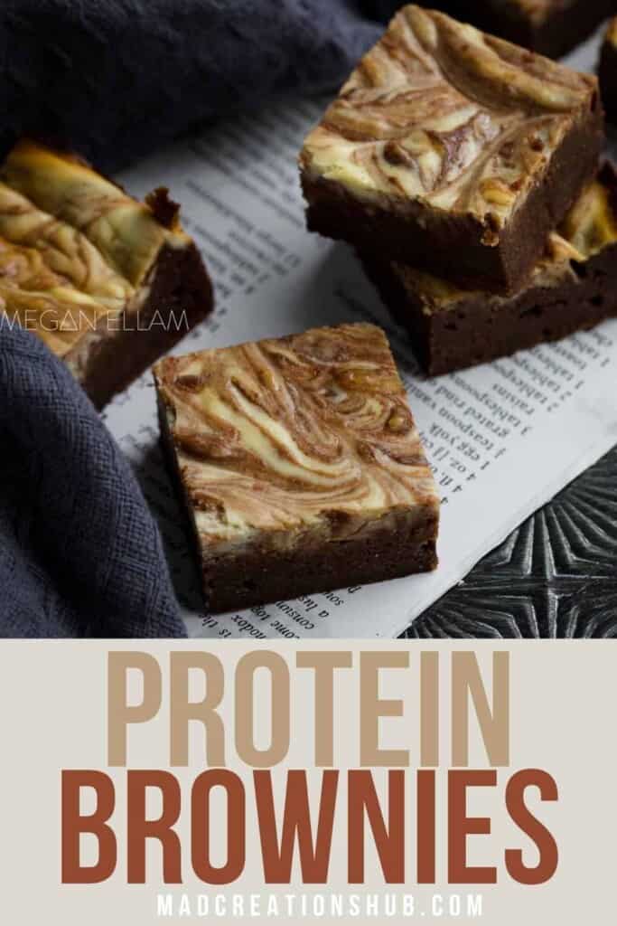 A pInterest banner for keto brownies with 4 brownies spread out on a piece of paper from a cookbook and a grey towel.