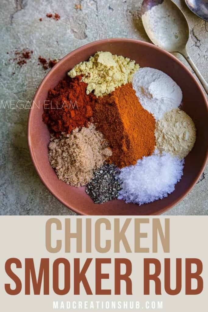 Chicken Smoker Rub ingredients in a bowl on a Pinterest banner.