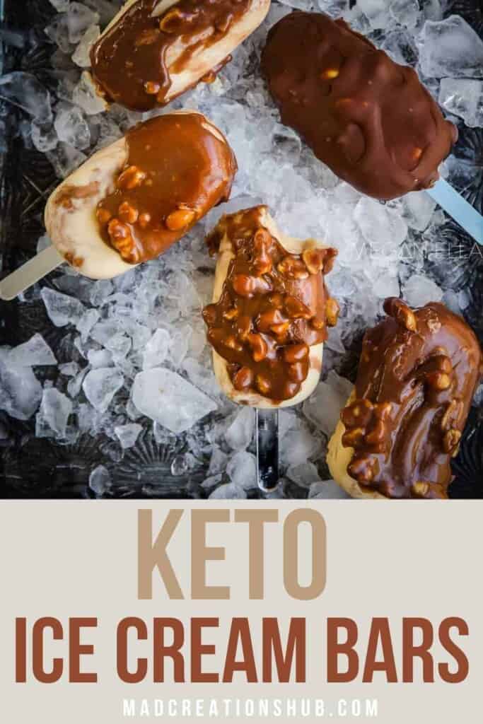 Keto Ice Cream Bars on ice in a Pinterest Banner.