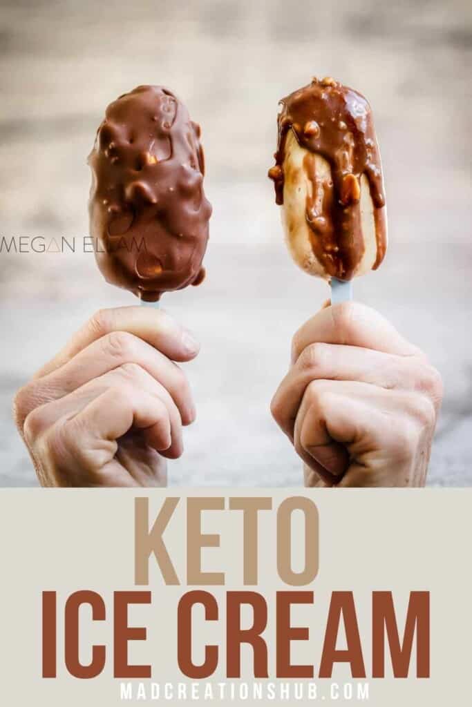 A man hands holding two ice creams. One choc coated the other caramel.