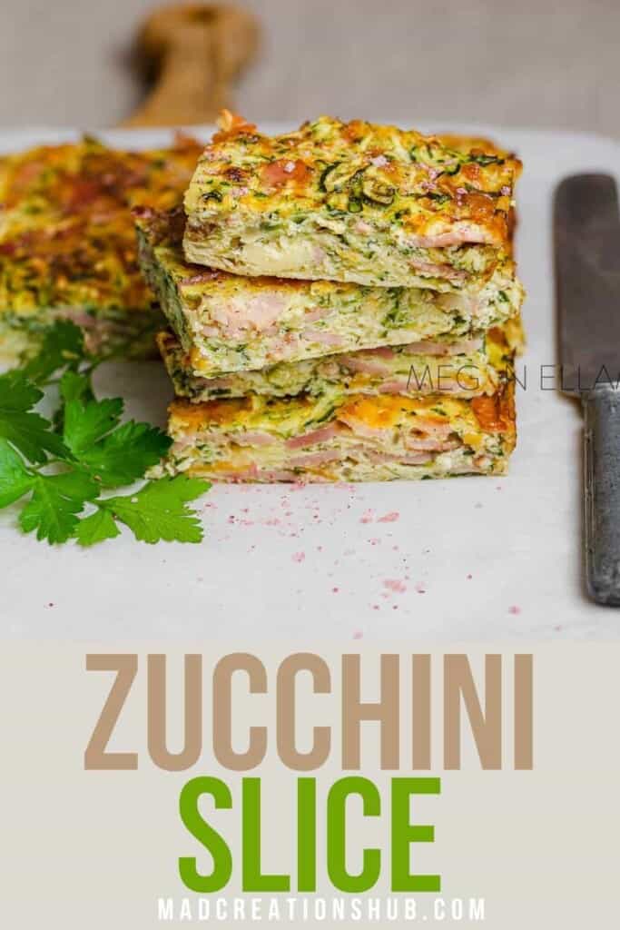 Stack of zucchini slices on a bread board with parsley and knife beside it.