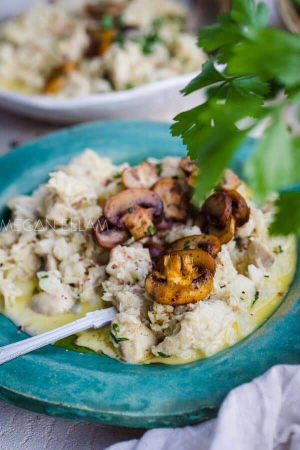 A chicken and mushroom risotto on a vibrant green plate.