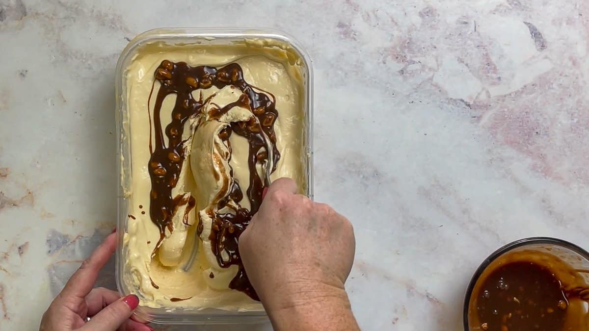 Swirling caramel through ice cream