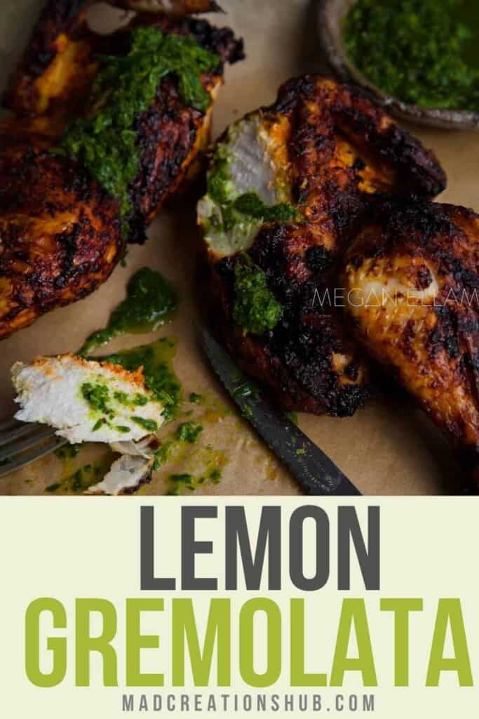 Lemon Gremolata Pinterest banner with baked chicken and parsley sauce on it.