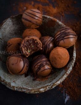 chocolate balls in a hand made bowl.