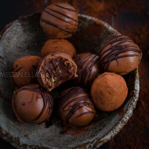 Chocolate balls in a stone bowl.