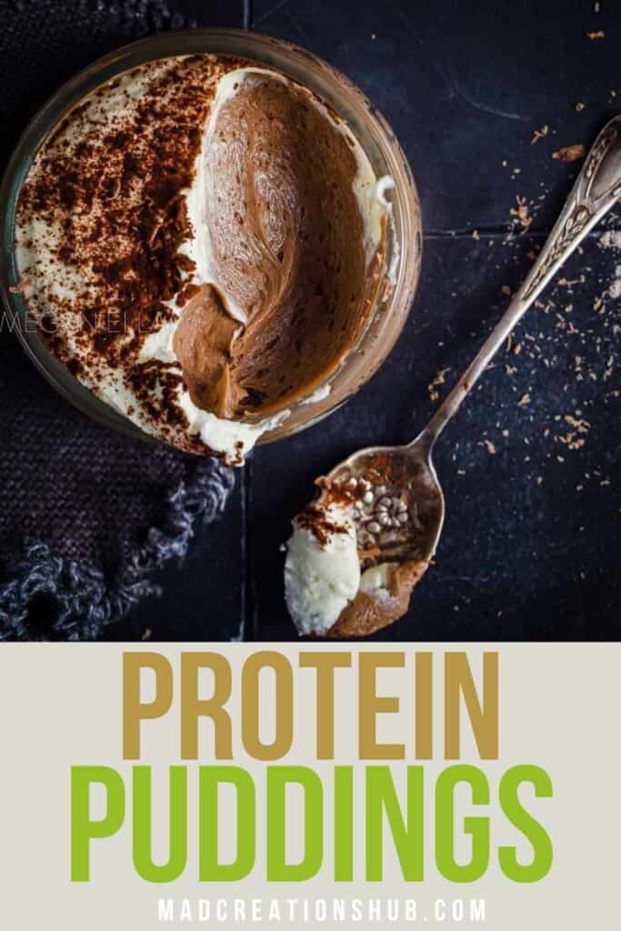 Chocolate Protein Pudding in a glass jar on a Pinterest Banner with title.