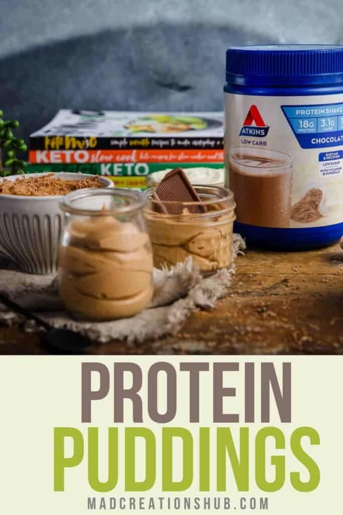 Chocolate Protein Pudding Pinterest Banner with an image of the puddings in glass jars.