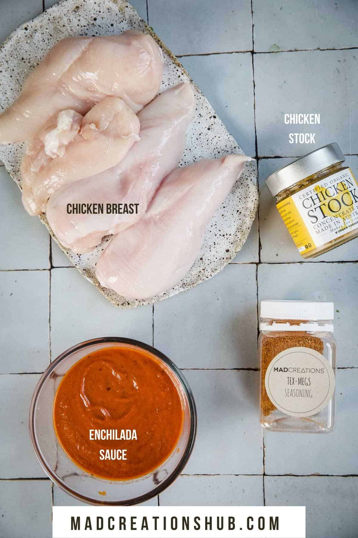 Instant Pot Shredded Chicken ingredients on a tiled backdrop with labels so you know what they are.