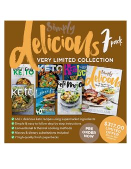 Simply Delicious 7 Pack advertising banner with 7 cookbooks by Megan Ellam on a brown background.