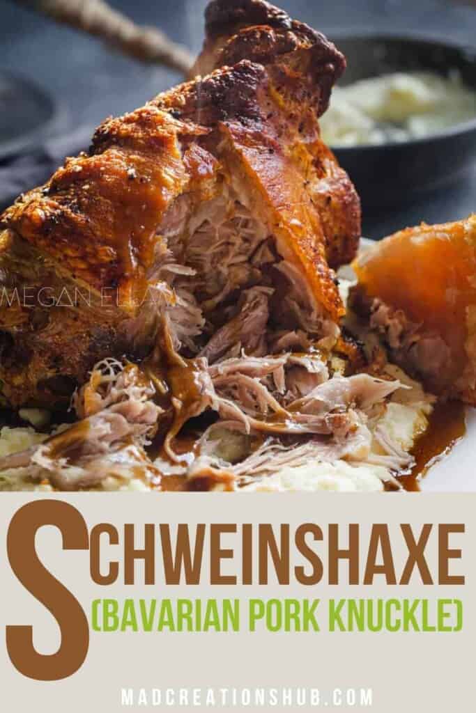 Pork Knuckle with gravy on a pile of mash on a Pinterest banner.