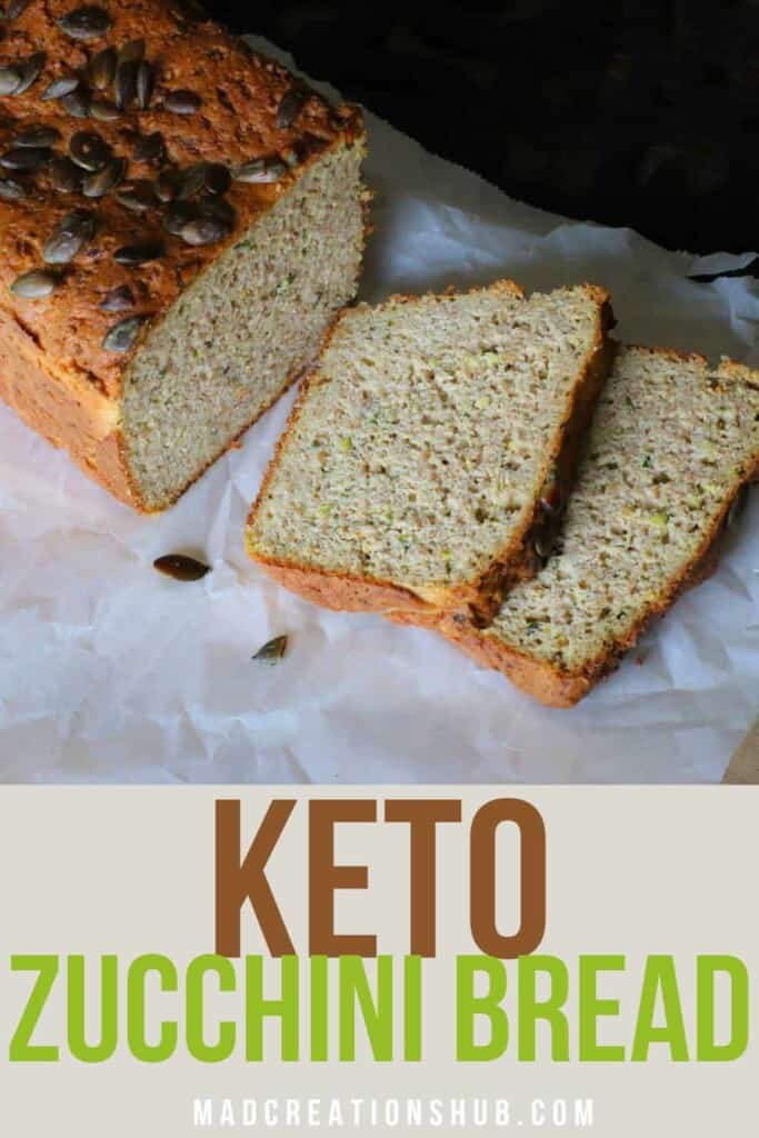 Keto Bread sliced on baking paper with the name of the loaf for Pinterest.