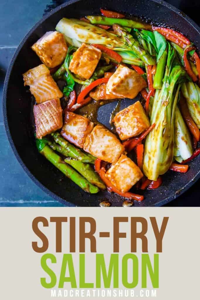 Salmon Stir Fry on a grey plate on a Pinterest Banner.
