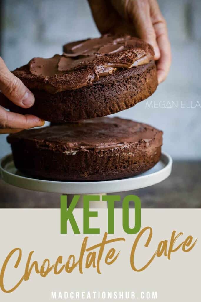 Two keto chocolate cakes on a cake stand on a Pinterest banner.